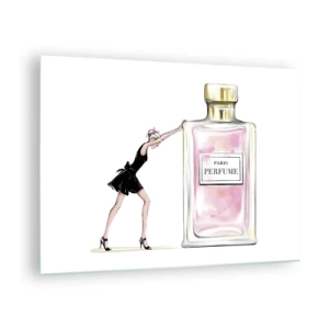 Glasbild - Bild auf glas - Eine Frau in einem schwarzen Kleid neben einer großen Parfümflasche - 70x50cm - Essenz der Weiblichkeit - Moderne Wanddekoration für Wohnzimmer und Schlafzimmer ARTTOR