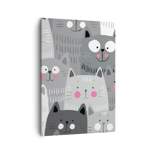 Bild auf Leinwand - Leinwandbild - Ein lustiges Muster mit Katzen in Grautönen - 50x70cm - Katzenwelt - Moderne Wanddekoration für Wohnzimmer und Schlafzimmer ARTTOR