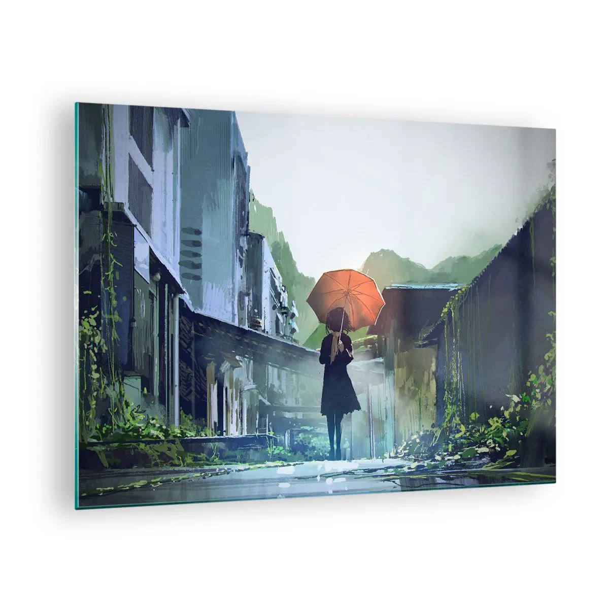 Glasbild - Bild auf glas - Eine Figur mit einem orangefarbenen Regenschirm auf einer verregneten Straße - 70x50cm - Belebender Regen - Moderne Wanddekoration für Wohnzimmer und Schlafzimmer ARTTOR