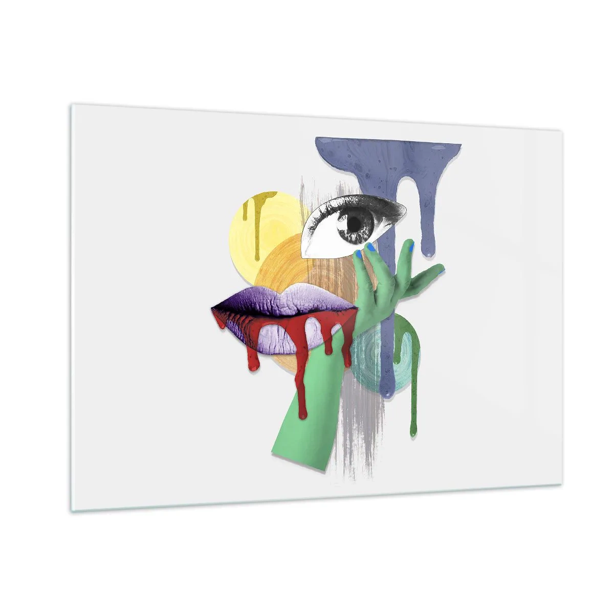 Glasbild - Bild auf glas - Abstrakte Komposition mit Auge, Mund und Farben - 100x70cm - Ein dekonstruiertes Porträt - Moderne Wanddekoration für Wohnzimmer und Schlafzimmer ARTTOR