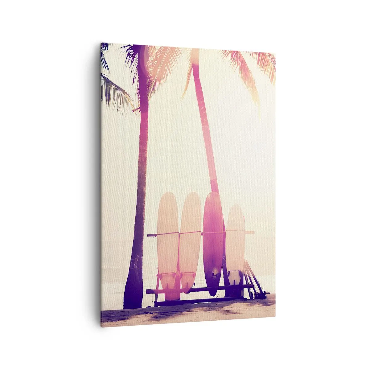 Bild auf Leinwand - Leinwandbild - Palmen und Surfbretter am Strand im Sonnenschein - 70x100cm - Es wird ein toller Tag - Moderne Wanddekoration für Wohnzimmer und Schlafzimmer ARTTOR