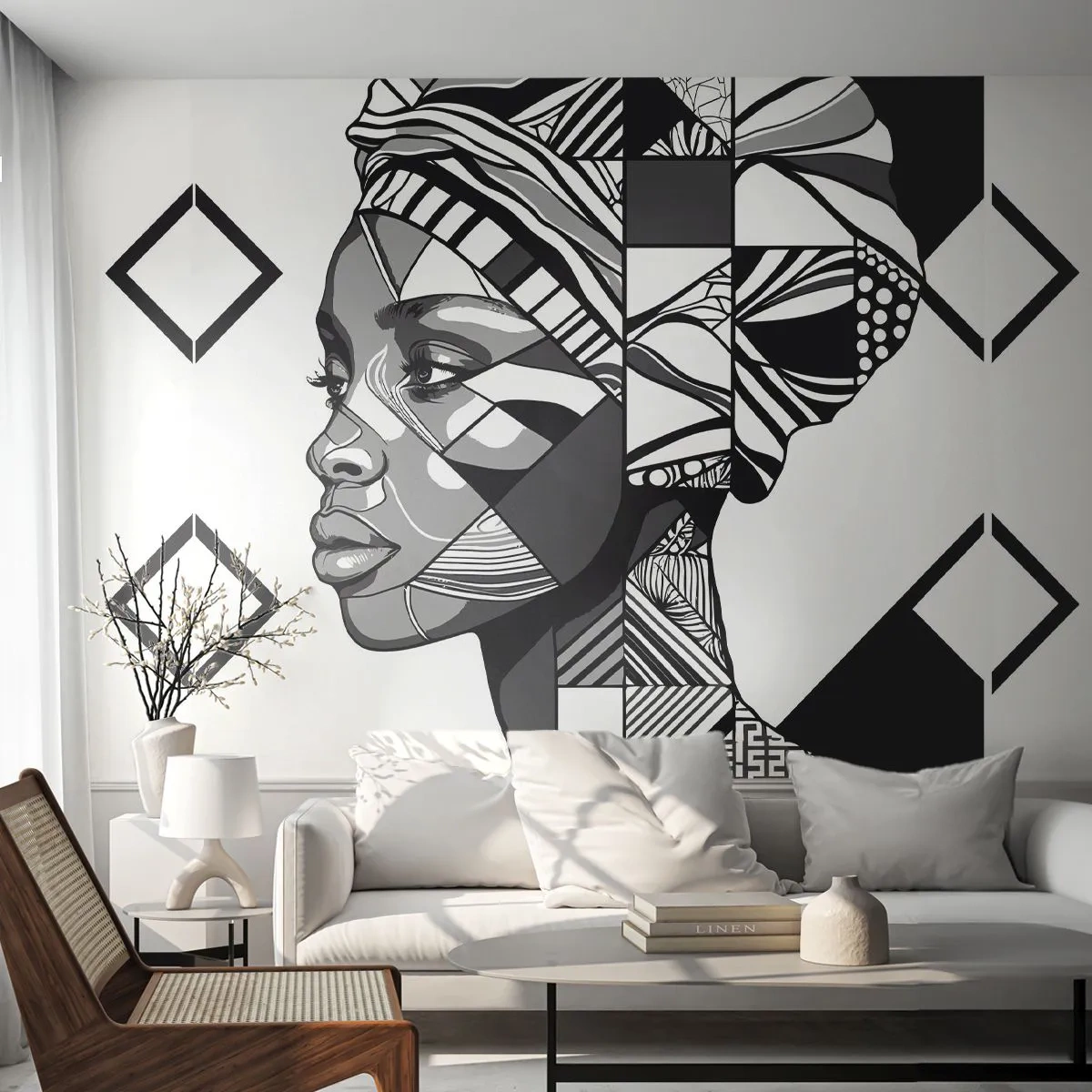 Fototapete Premium Sand - Stilisiertes Porträt einer Frau in geometrischen Schwarz-Weiß-Mustern - 100x70cm - Ethnisches Porträt - Moderne Wanddekoration für Wohnzimmer und Schlafzimmer ARTTOR