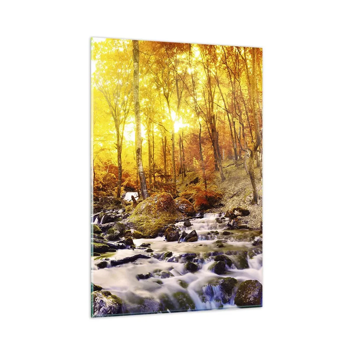 Glasbild - Bild auf glas - Herbstwald mit einem Bach zwischen goldenen Blättern - 80x120cm - In Gold und Platin gefasste Steine - Moderne Wanddekoration für Wohnzimmer und Schlafzimmer ARTTOR