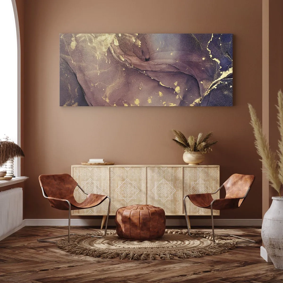 Bild auf Leinwand - Leinwandbild - Abstrakte Komposition mit Gold- und Lilatönen - 120x50cm - Materie und Geist - Moderne Wanddekoration für Wohnzimmer und Schlafzimmer ARTTOR