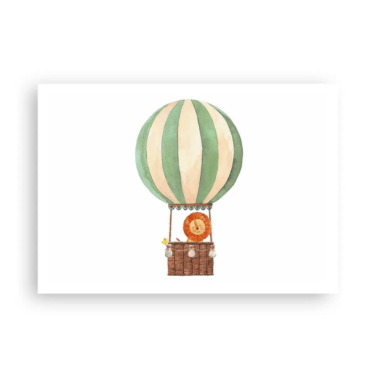 Poster - Ein Ballon mit einem lächelnden Löwen in einem pastellfarbenen Korb - 100x70cm - Leons Reisen - Moderne Wanddekoration für Wohnzimmer und Schlafzimmer ARTTOR