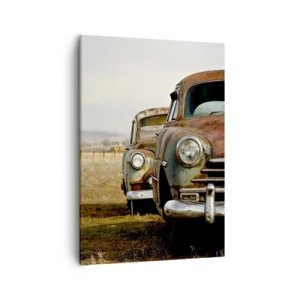Bild auf Leinwand - Leinwandbild - Zwei alte Autos auf einem Feldweg neben einem Holzzaun - 50x70cm - Eine wohlverdiente Ruhe - Moderne Wanddekoration für Wohnzimmer und Schlafzimmer ARTTOR