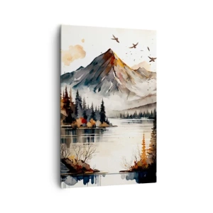 Bild auf Leinwand - Leinwandbild - Herbstliche Berglandschaft mit See und Bäumen in Aquarell - 80x120cm - Goldener Herbst in den Bergen - Moderne Wanddekoration für Wohnzimmer und Schlafzimmer ARTTOR