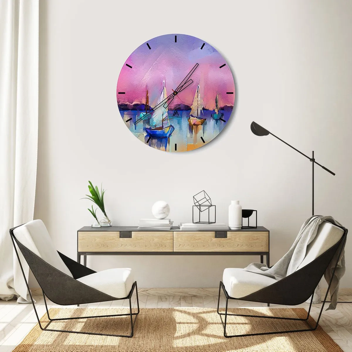 Wanduhr - Glasuhr - Abstrakter Yachthafen mit Segelbooten in Pastellfarben - 30x30cm - Richtung: breites Wasser - Moderne Wanddekoration für Wohnzimmer, Küche und Schlafzimmer ARTTOR