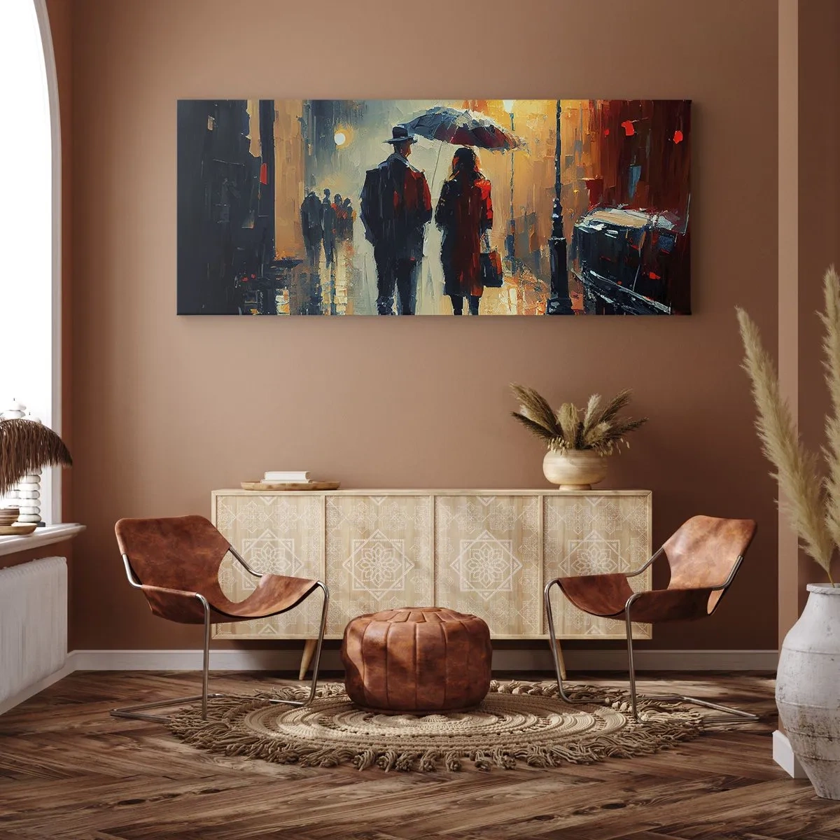 Bild auf Leinwand - Leinwandbild - Nachts im Regen unter einem Regenschirm in der Stadt spazieren gehen - 160x50cm - Urbane Liebesgeschichte - Moderne Wanddekoration für Wohnzimmer und Schlafzimmer ARTTOR
