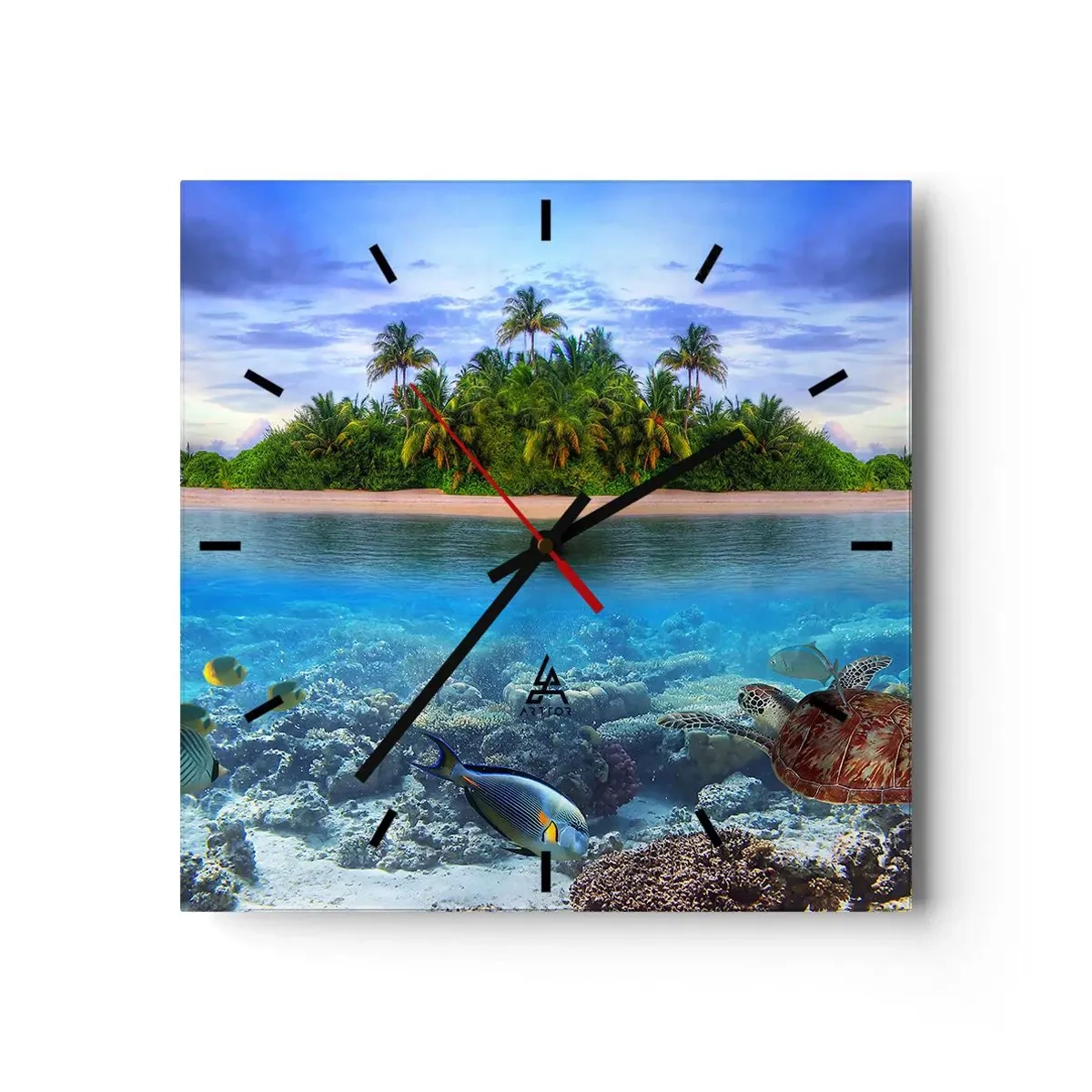 Wanduhr - Glasuhr - Eine tropische Insel, umgeben von einem türkisfarbenen Ozean mit einem Korallenriff und Fischen. - 30x30cm - Heavenly Island lädt dich ein - Moderne Wanddekoration für Wohnzimmer und Schlafzimmer ARTTOR