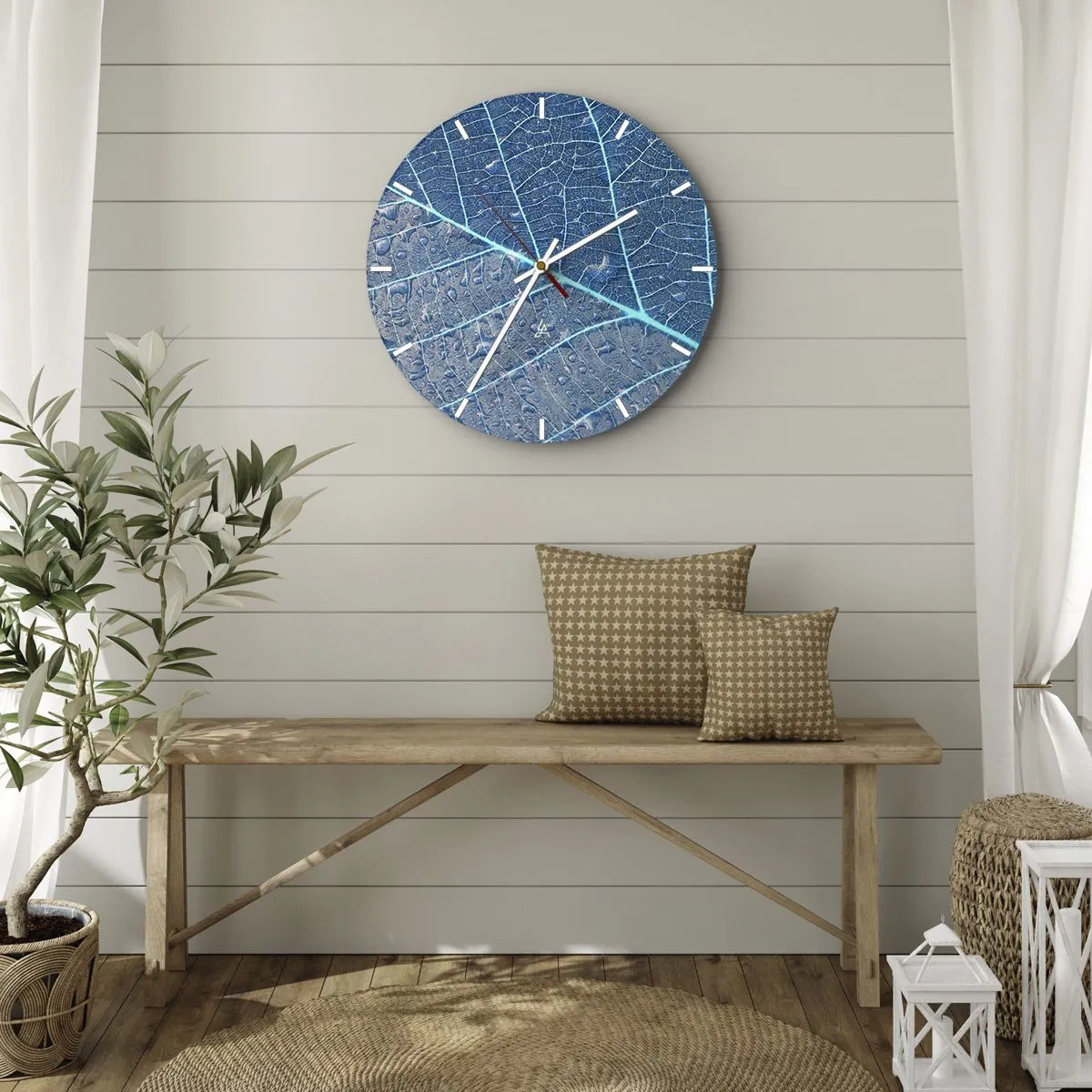 Wanduhr - Glasuhr - Blattstruktur in Blau- und Grautönen - 30x30cm - Leben in Blau - Moderne Wanddekoration für Wohnzimmer, Küche und Schlafzimmer ARTTOR