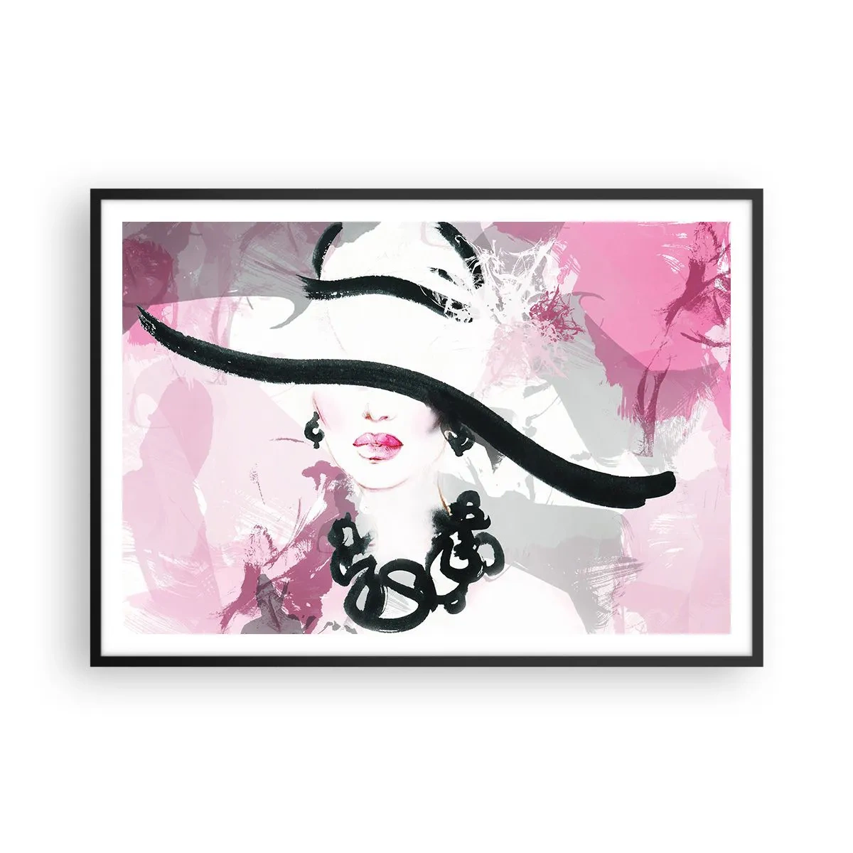 Poster in einem schwarzem Rahmen - Eine elegante Frau mit Hut vor einem Hintergrund aus rosa Abstraktionen. - 100x70cm - Bildnis einer Dame in Schwarz und Pink - Moderne Wanddekoration für Wohnzimmer und Schlafzimmer ARTTOR
