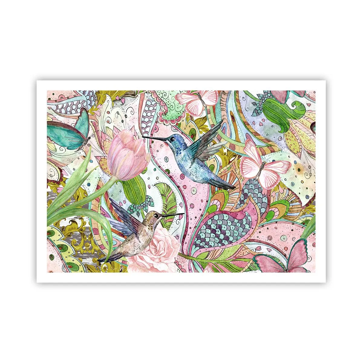 Poster - Bunte Kolibris und Schmetterlinge zwischen den Pflanzen - 100x70cm - Verstrickt in Weinreben - Moderne Wanddekoration für Wohnzimmer und Schlafzimmer ARTTOR