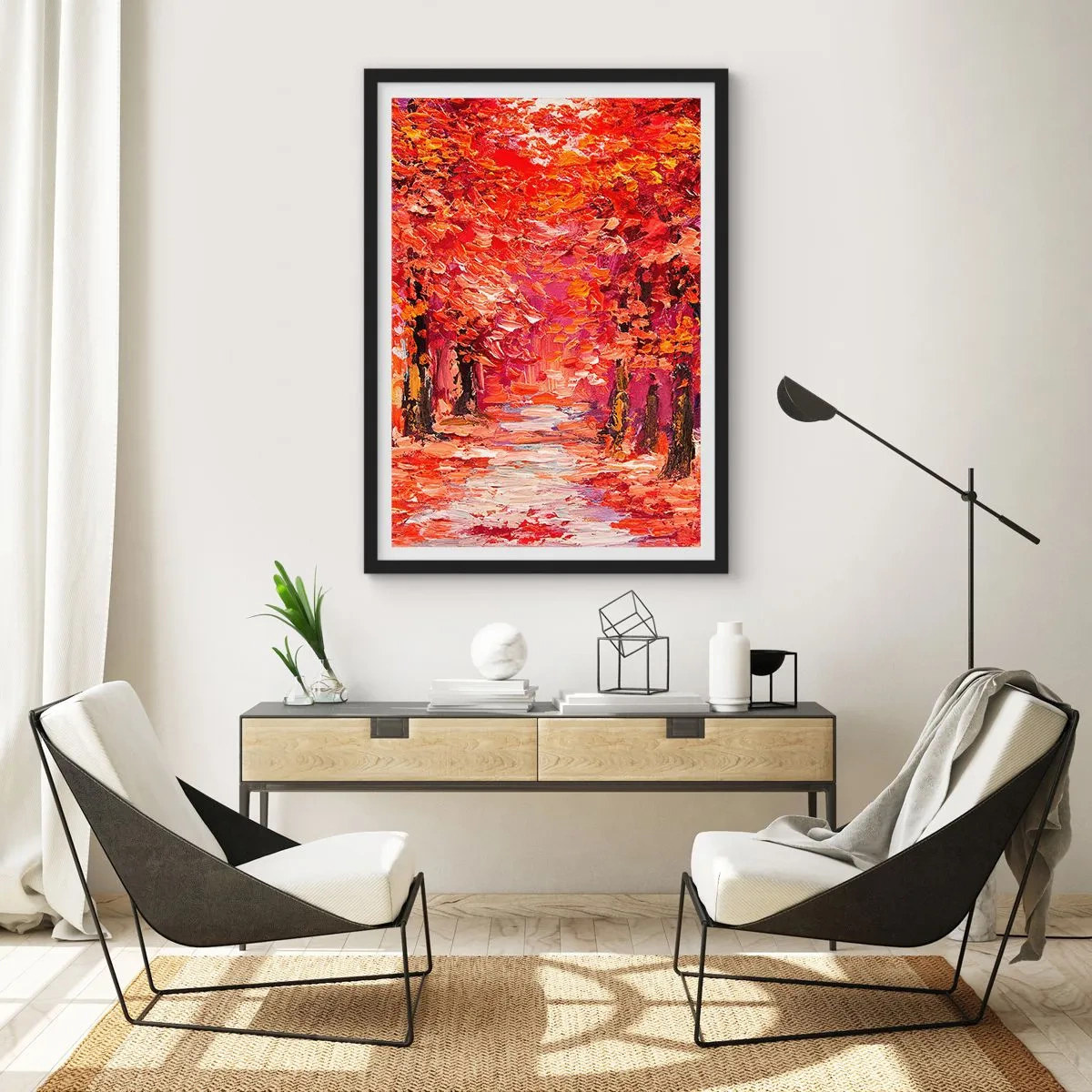 Poster in einem schwarzem Rahmen - Eine malerische Herbstallee in Rottönen - 50x70cm - Herbstlicher Eindruck - Moderne Wanddekoration für Wohnzimmer und Schlafzimmer ARTTOR