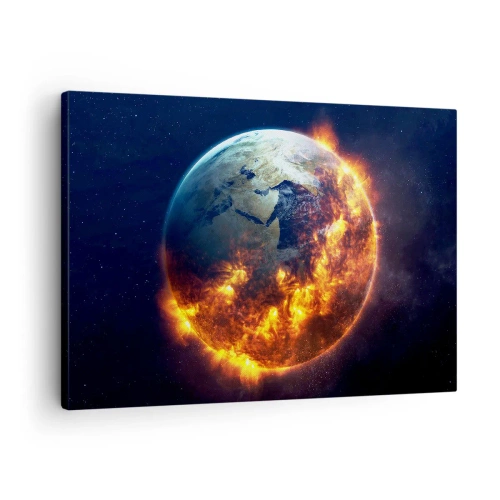 Bild auf Leinwand - Leinwandbild - Der Planet Erde brennt im Weltraum - 70x50cm - Die Flamme der Apokalypse - Moderne Wanddekoration für Wohnzimmer und Schlafzimmer ARTTOR