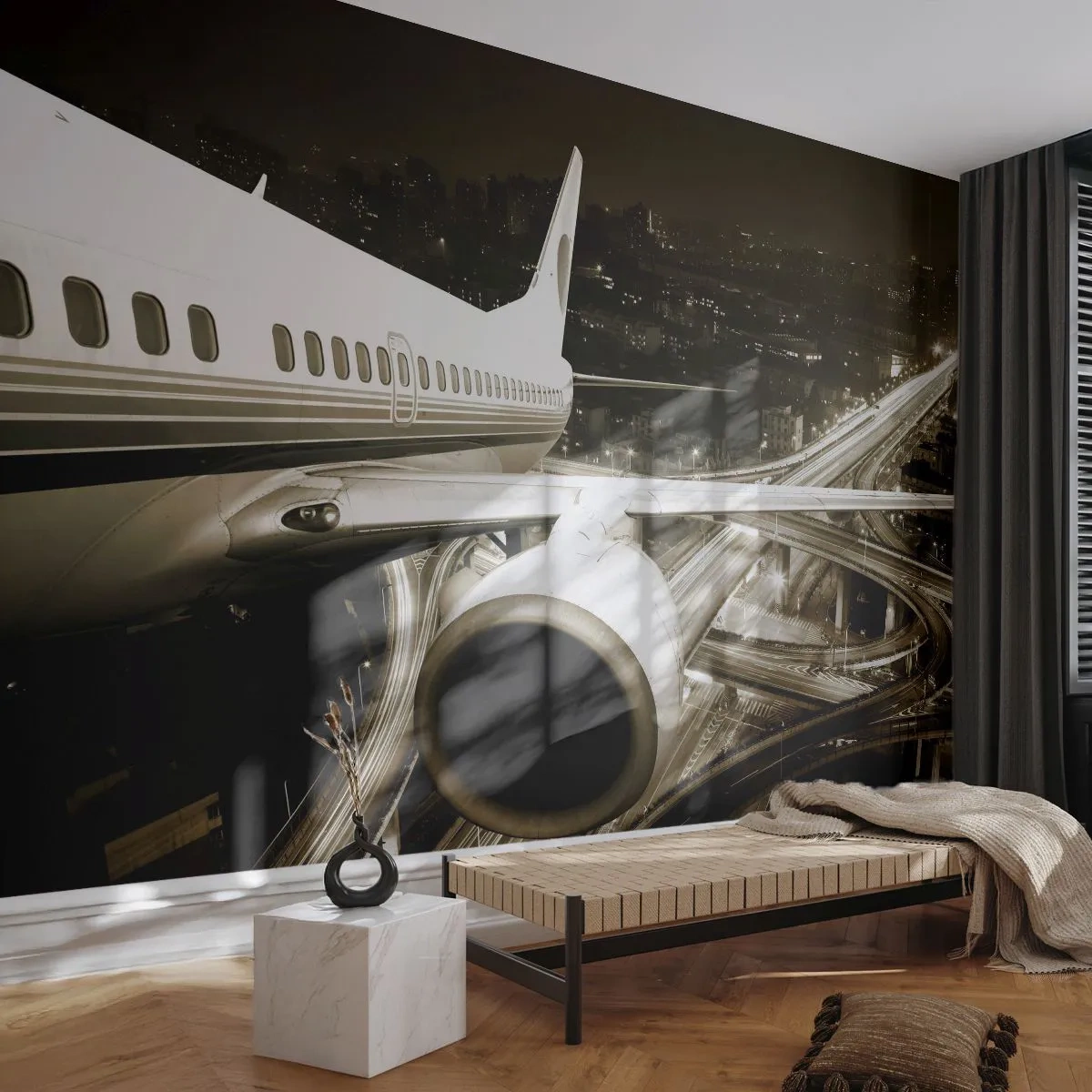 Fototapete Premium Sand - Ein Flugzeug über einer nächtlichen Stadt mit einem Autobahnnetz - 100x70cm - In die Nacht fliegen - Moderne Wanddekoration für Wohnzimmer und Schlafzimmer ARTTOR