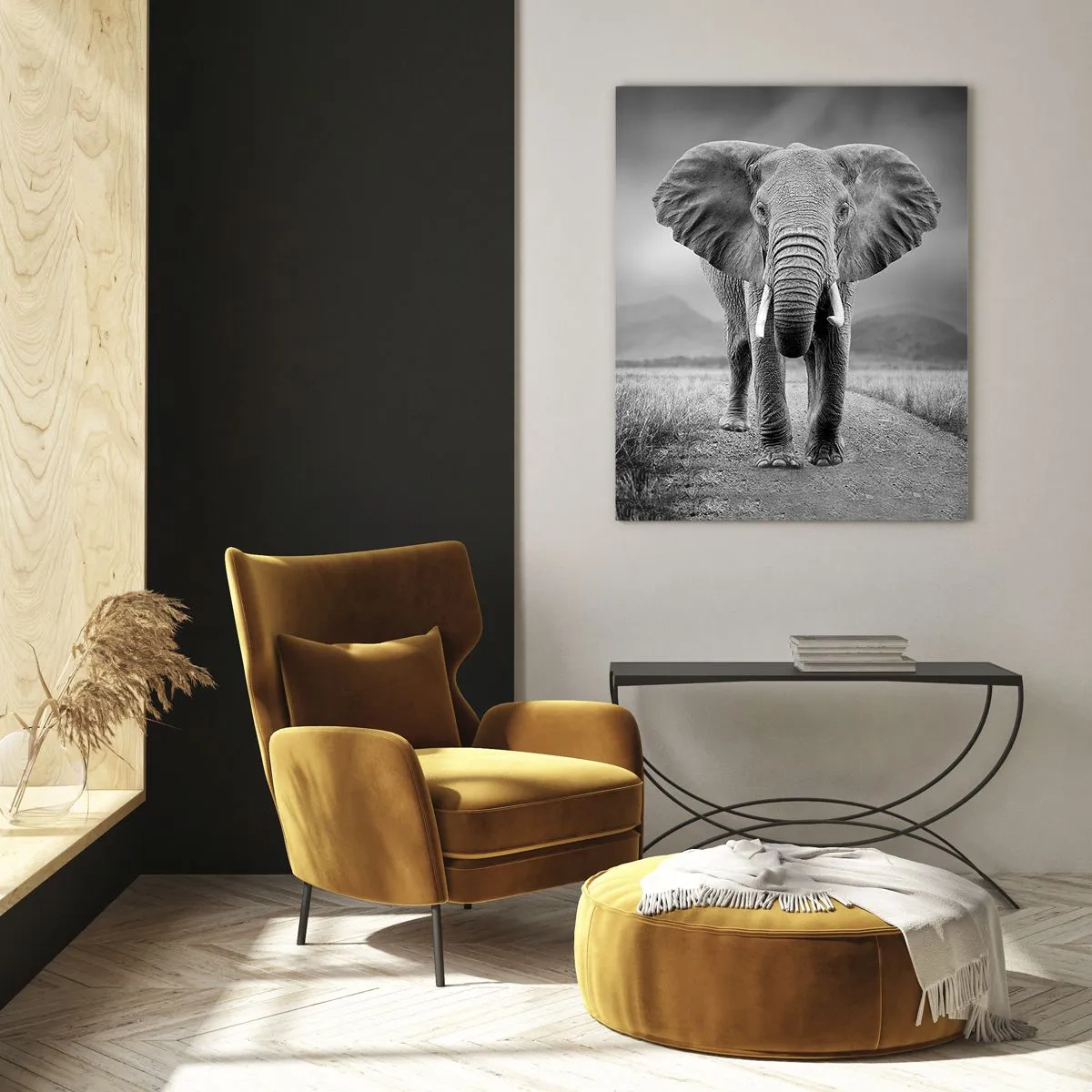 Glasbild - Bild auf glas - Elefant in der Savanne in Schwarz und Weiß - 50x70cm - Der Gastgeber heißt willkommen - Moderne Wanddekoration für Wohnzimmer und Schlafzimmer ARTTOR
