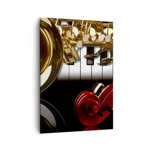 Bild auf Leinwand - Leinwandbild - Ein goldenes Saxophon, Klaviertasten und eine rote Geige - 50x70cm - Blech, Holz und Elfenbein - Moderne Wanddekoration für Wohnzimmer und Schlafzimmer ARTTOR