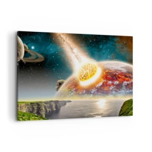 Bild auf Leinwand - Leinwandbild - Ein Meteorit kollidiert mit einem Planeten in einer kosmischen Landschaft. - 100x70cm - Kosmisches Drama - Moderne Wanddekoration für Wohnzimmer und Schlafzimmer ARTTOR