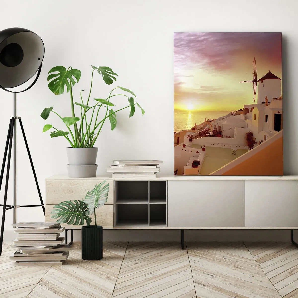 Bild auf Leinwand - Leinwandbild - Santorini bei Sonnenuntergang mit einer Windmühle - 80x120cm - In Weiß und Gold schmelzen - Moderne Wanddekoration für Wohnzimmer und Schlafzimmer ARTTOR
