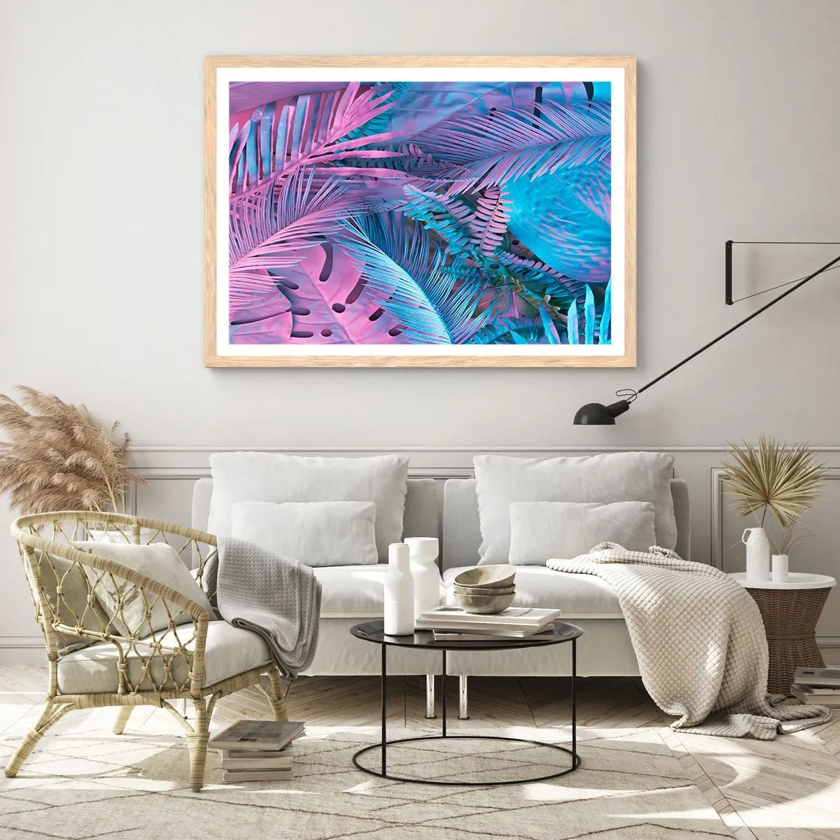 Poster in einem Rahmen aus heller Eiche - Tropen in Rosa und Blau - 50x40 cm