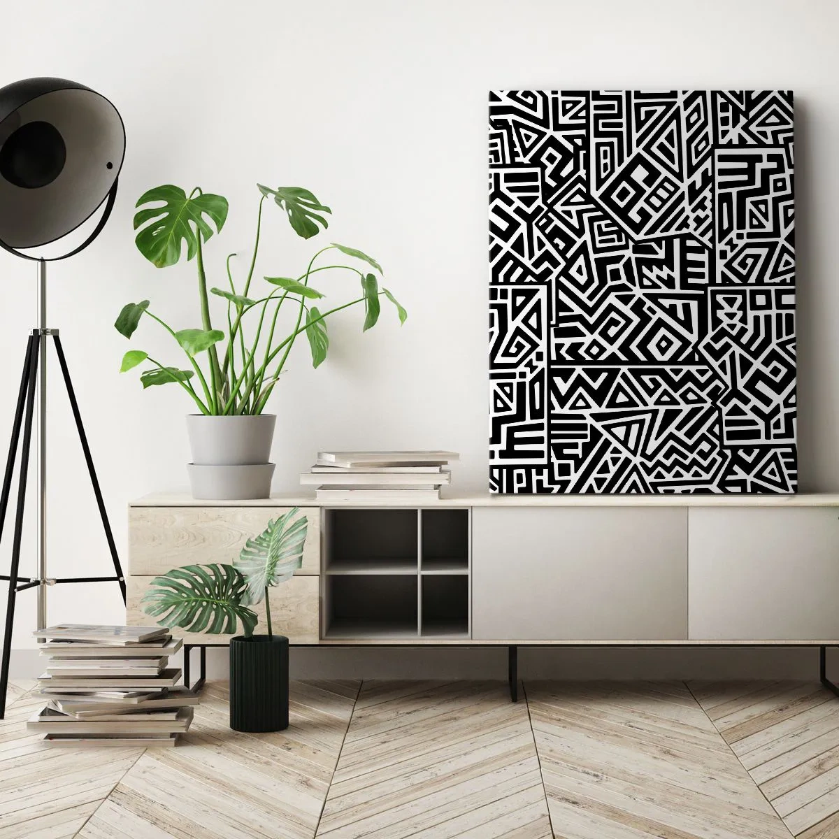 Bild auf Leinwand - Leinwandbild - Schwarz-weiße geometrische Muster, inspiriert von der präkolumbianischen Kultur - 50x70cm - Präkolumbianische Komposition - Moderne Wanddekoration für Wohnzimmer und Schlafzimmer ARTTOR