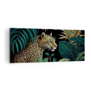 Bild auf Leinwand - Leinwandbild - Leopard in tropischen Blättern auf schwarzem Hintergrund - 120x50cm - Gastgeber im Dschungel - Moderne Wanddekoration für Wohnzimmer und Schlafzimmer ARTTOR