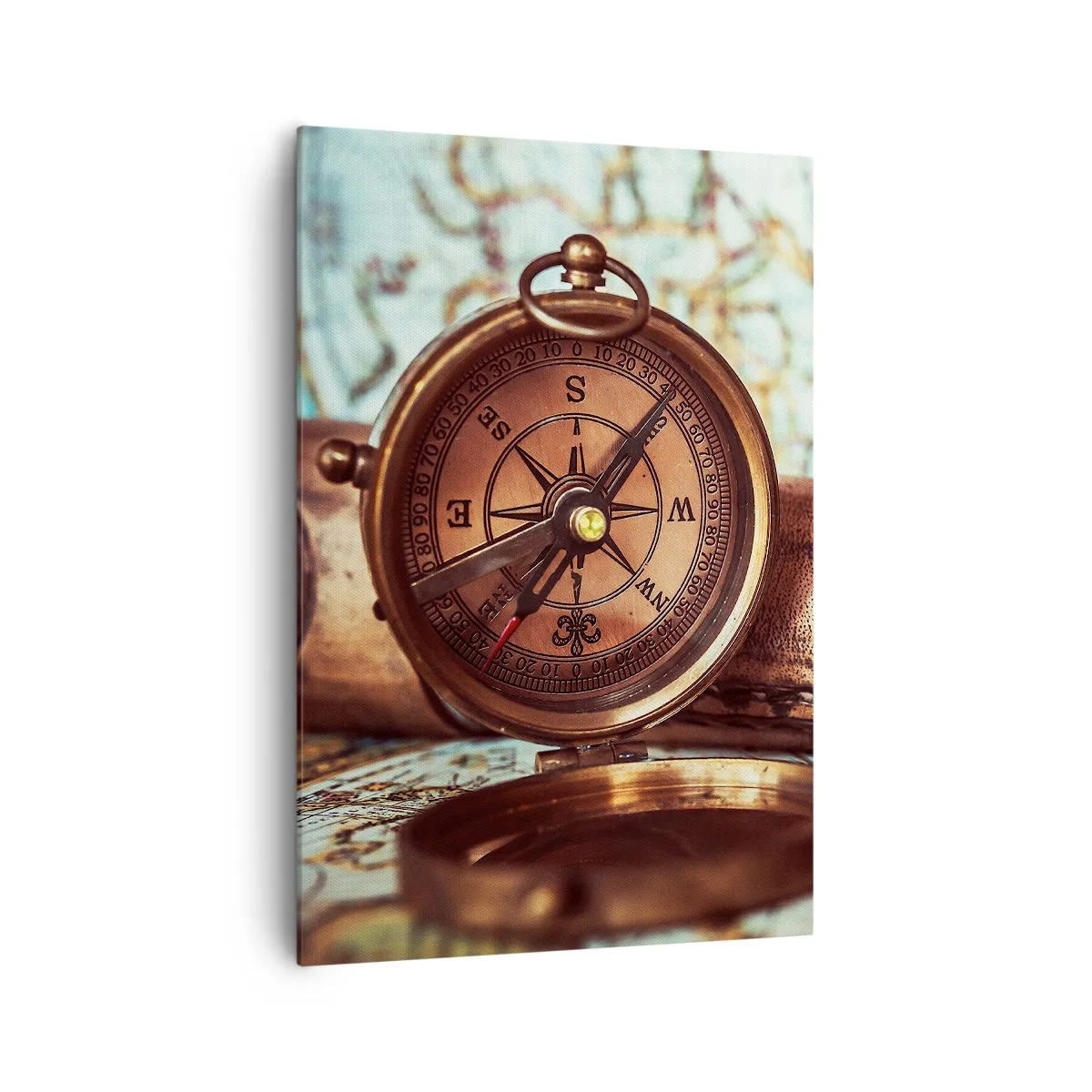 Bild auf Leinwand - Leinwandbild - Ein Retro-Set mit Kompass, Teleskop und Karte im Reisethema - 70x100cm - Ein Piratenabenteuer in der Karibik wartet - Moderne Wanddekoration für Wohnzimmer und Schlafzimmer ARTTOR