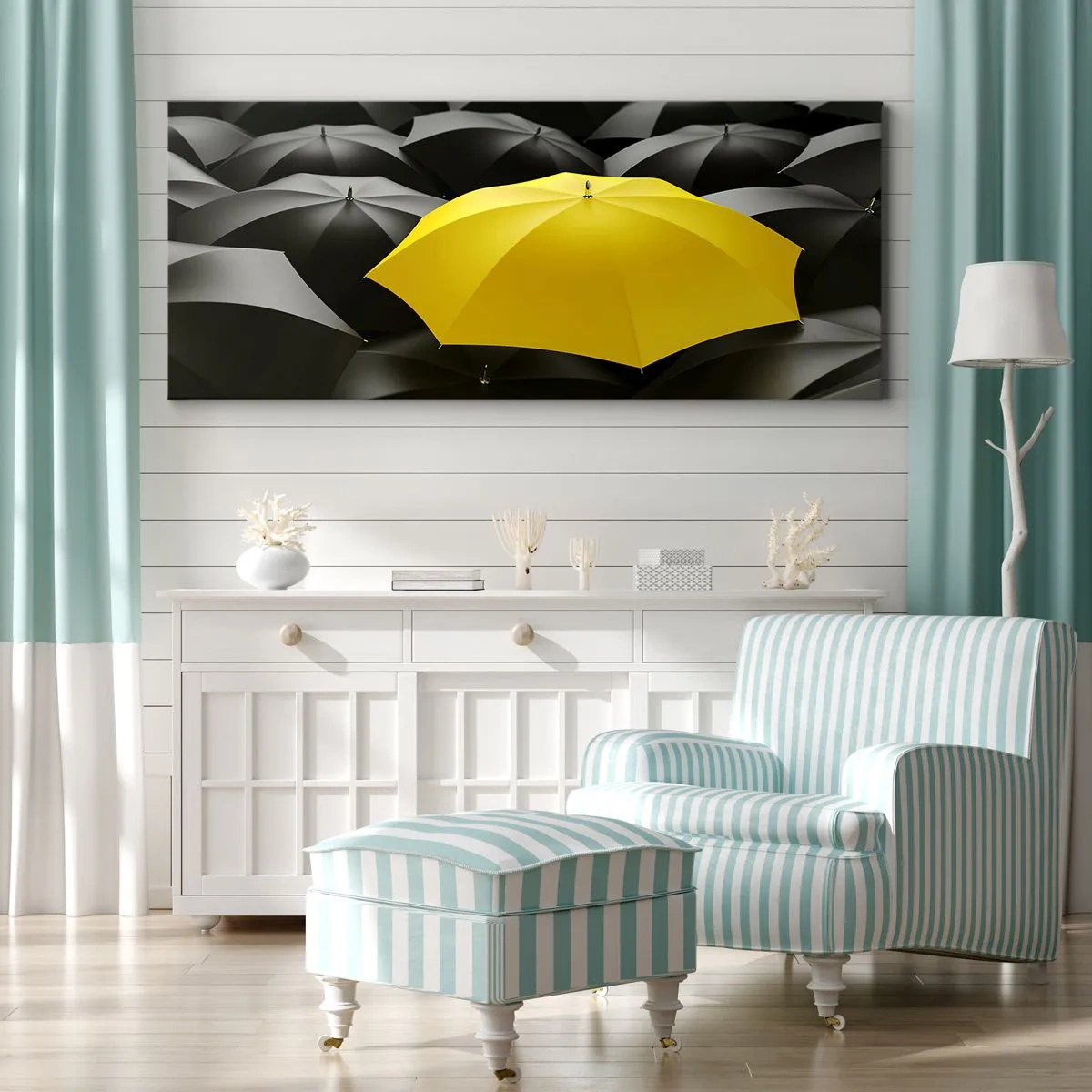 Bild auf Leinwand - Leinwandbild - Ein gelber Regenschirm zwischen schwarzen Regenschirmen - 120x50cm - Auf Wiedersehen Trauer - Moderne Wanddekoration für Wohnzimmer und Schlafzimmer ARTTOR