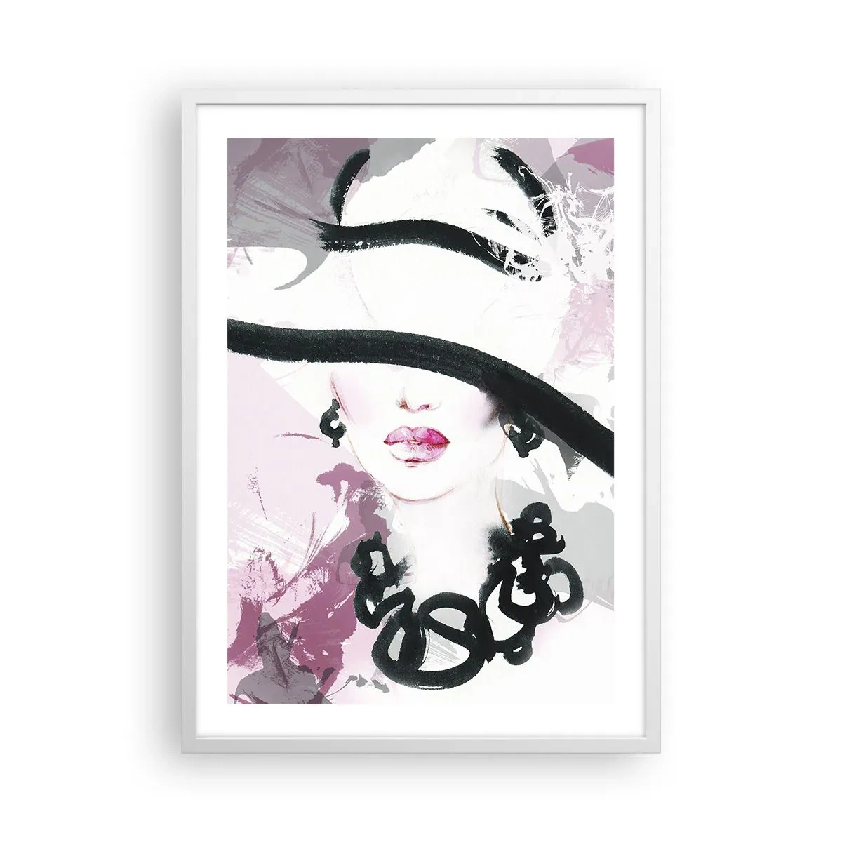 Poster in einem weißen Rahmen - Bildnis einer Dame in Schwarz und Pink - 50x70 cm