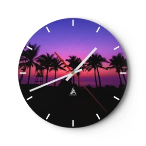 Wanduhr - Glasuhr - Palmen bei Sonnenuntergang mit violettem Himmel - 30x30cm - Abend unter Palmen - Moderne Wanddekoration für Wohnzimmer, Küche und Schlafzimmer ARTTOR