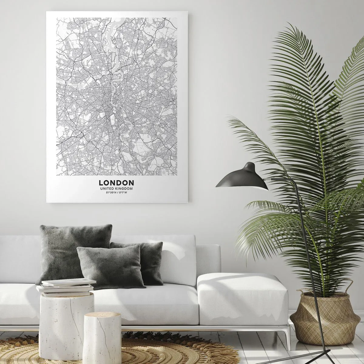 Glasbild - Bild auf glas - Ein minimalistischer Stadtplan in Grautönen - 70x100cm - Karte des Labyrinths von London - Moderne Wanddekoration für Wohnzimmer und Schlafzimmer ARTTOR