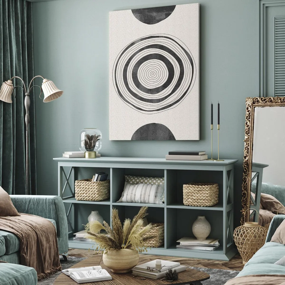Bild auf Leinwand - Leinwandbild - Minimalistische schwarz-weiße Kreise auf hellem Hintergrund - 50x70cm - Wichtig ist, was dazwischen liegt - Moderne Wanddekoration für Wohnzimmer und Schlafzimmer ARTTOR