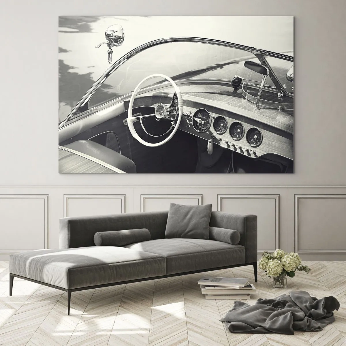 Glasbild - Bild auf glas - Oldtimer-Cockpit in Schwarz und Weiß - 120x80cm - Wetter für die Reichen - Moderne Wanddekoration für Wohnzimmer und Schlafzimmer ARTTOR