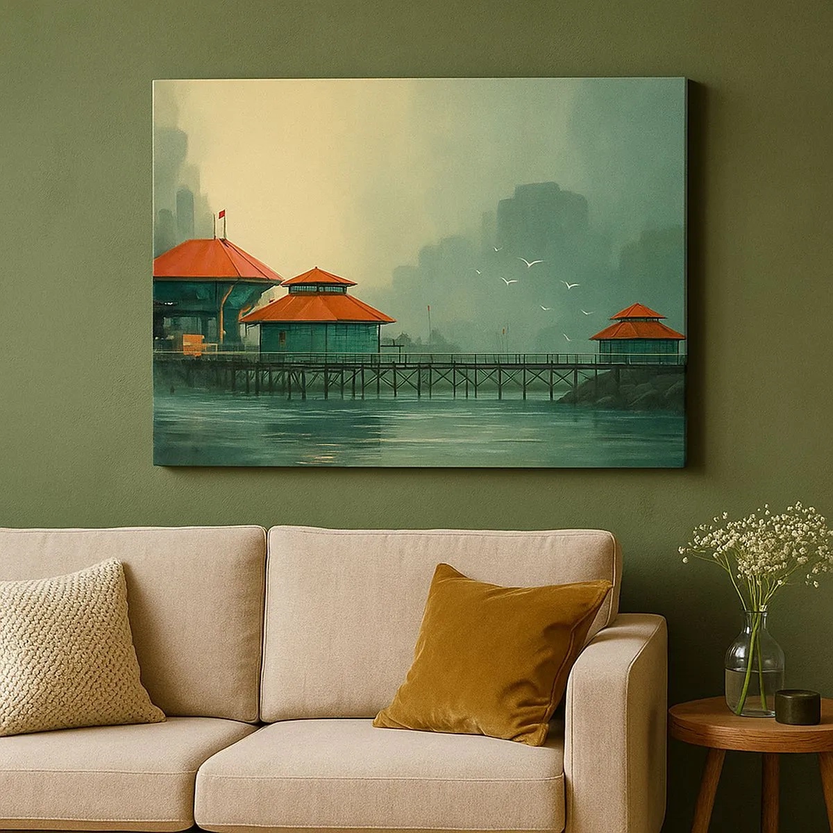 Bild auf Leinwand - Leinwandbild - Hafengebäude in einer regnerischen Landschaft mit Möwen - 70x50cm - Ein sonniger Tag im Hafen - Moderne Wanddekoration für Wohnzimmer und Schlafzimmer ARTTOR