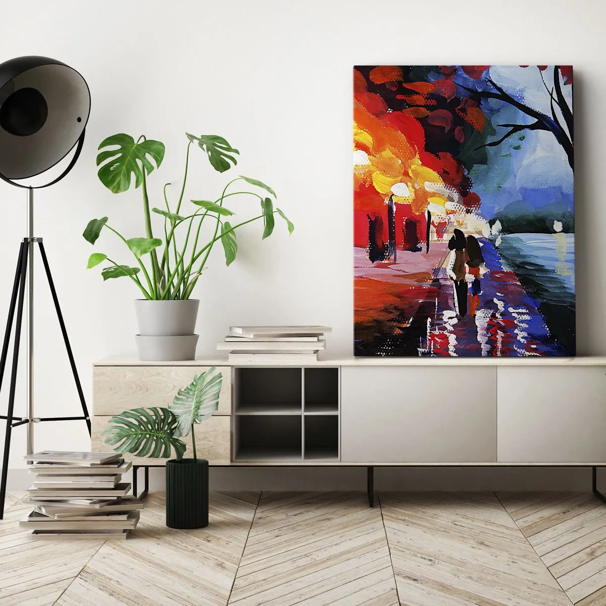 Bild auf Leinwand - Leinwandbild - Ein Herbstspaziergang entlang des Weges mit Blick auf das Wasser - 70x100cm - Strahlender Herbst im Park - Moderne Wanddekoration für Wohnzimmer und Schlafzimmer ARTTOR