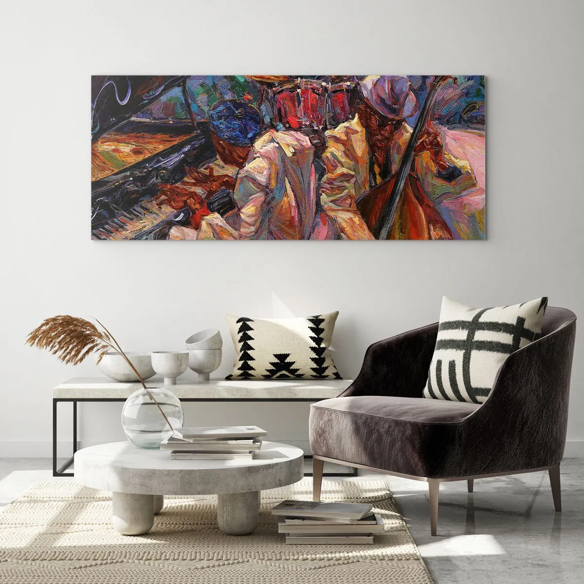 Glasbild - Bild auf glas - Energetische Jazzszene mit Musikern und Instrumenten - 120x50cm - In einem Schlag - Moderne Wanddekoration für Wohnzimmer und Schlafzimmer ARTTOR