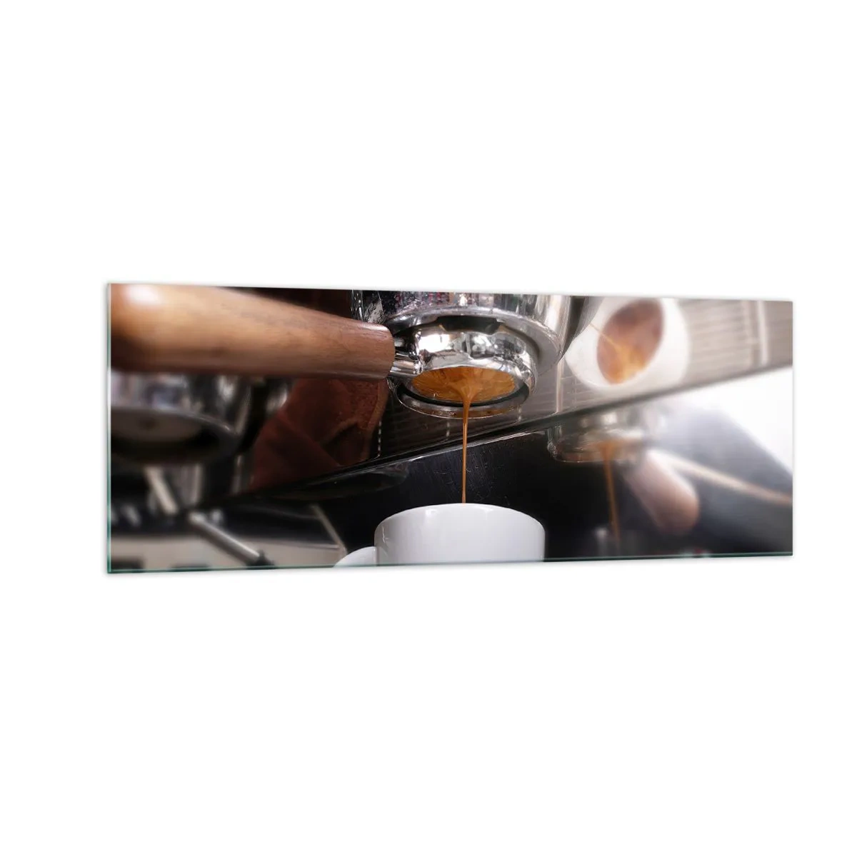 Glasbild - Bild auf glas - Nahaufnahme einer Kaffeemaschine, die einen frischen Espresso zubereitet - 140x50cm - Gute Zeit des Tages - Moderne Wanddekoration für Wohnzimmer und Schlafzimmer ARTTOR