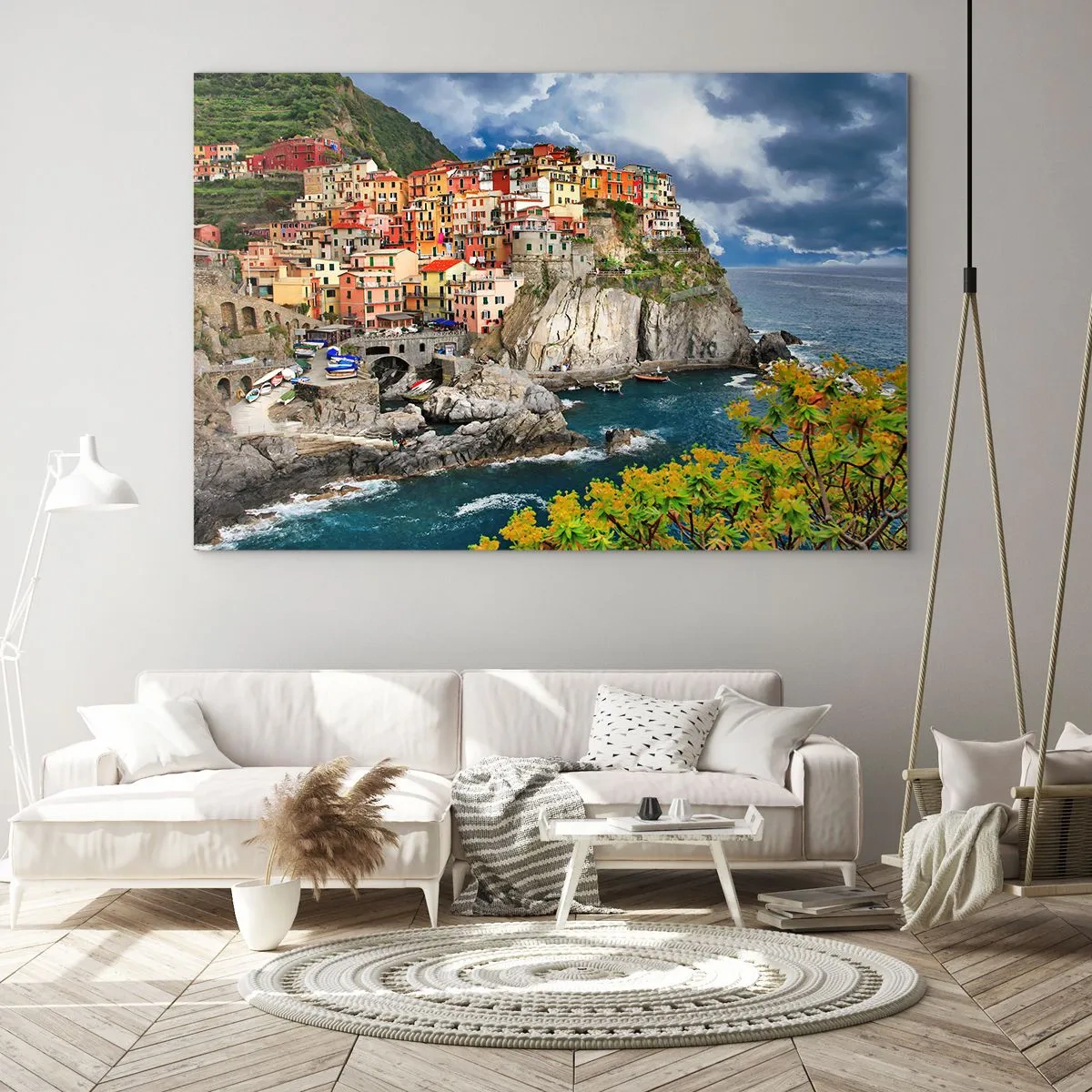 Glasbild - Bild auf glas - Eine farbenfrohe Stadt auf einer Klippe am Meer - 70x50cm - Eine Gruppe umarmt die Felsen - Moderne Wanddekoration für Wohnzimmer und Schlafzimmer ARTTOR