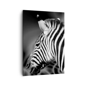 Bild auf Leinwand - Leinwandbild - Schwarz-Weiß-Porträt eines Zebras vor einem Hintergrund abstrakter Muster. - 50x70cm - Weiß ist weiß und schwarz ist schwarz - Moderne Wanddekoration für Wohnzimmer und Schlafzimmer ARTTOR