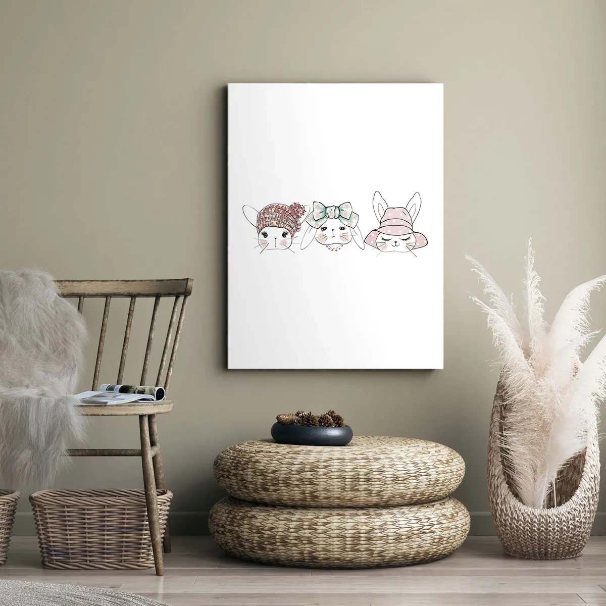 Bild auf Leinwand - Leinwandbild - Entzückende Häschen mit pastellfarbener Kopfbedeckung - 50x70cm - Nachdenklich, traurig, zufrieden - Moderne Wanddekoration für Wohnzimmer und Schlafzimmer ARTTOR