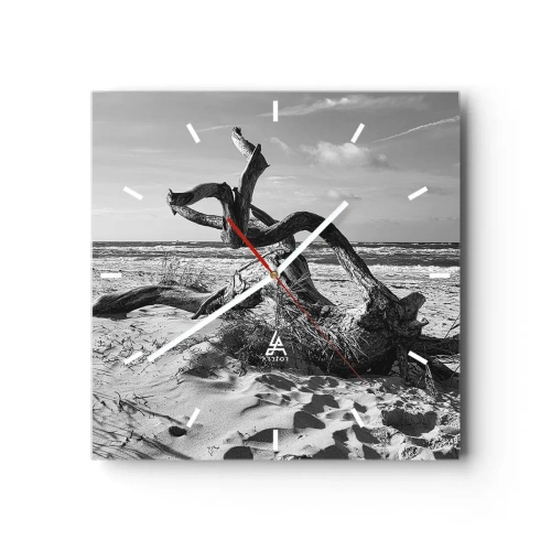 Wanduhr - Glasuhr - Schwarz-weiße Landschaft mit einem toten Baum am Strand - 30x30cm - Meeresskulptur - Moderne Wanddekoration für Wohnzimmer und Schlafzimmer ARTTOR