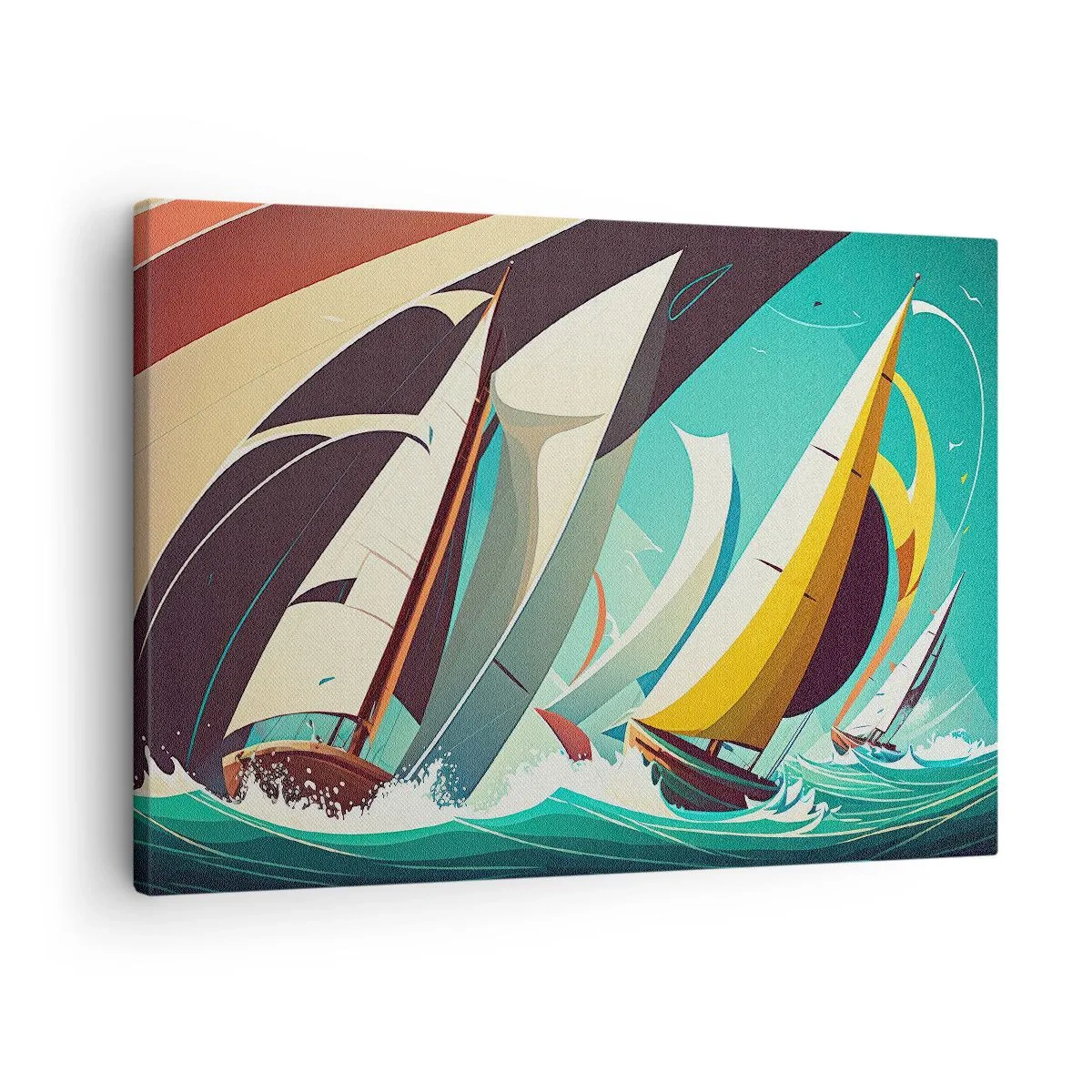 Bild auf Leinwand - Leinwandbild - Eine dynamische Illustration von Segelbooten in stürmischer See. - 70x50cm - Viel Glück mit den Elementen - Moderne Wanddekoration für Wohnzimmer und Schlafzimmer ARTTOR