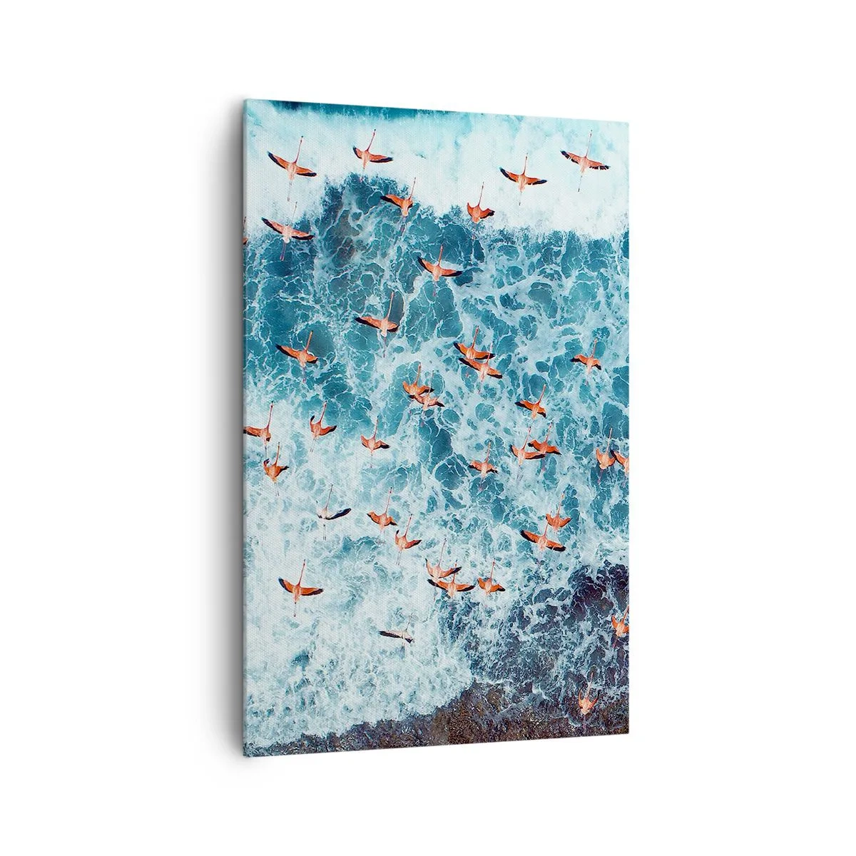 Bild auf Leinwand - Leinwandbild - Eine Vogelperspektive auf rosa Flamingos über einem blauen Ozean - 80x120cm - Die Küstenparade - Moderne Wanddekoration für Wohnzimmer und Schlafzimmer ARTTOR