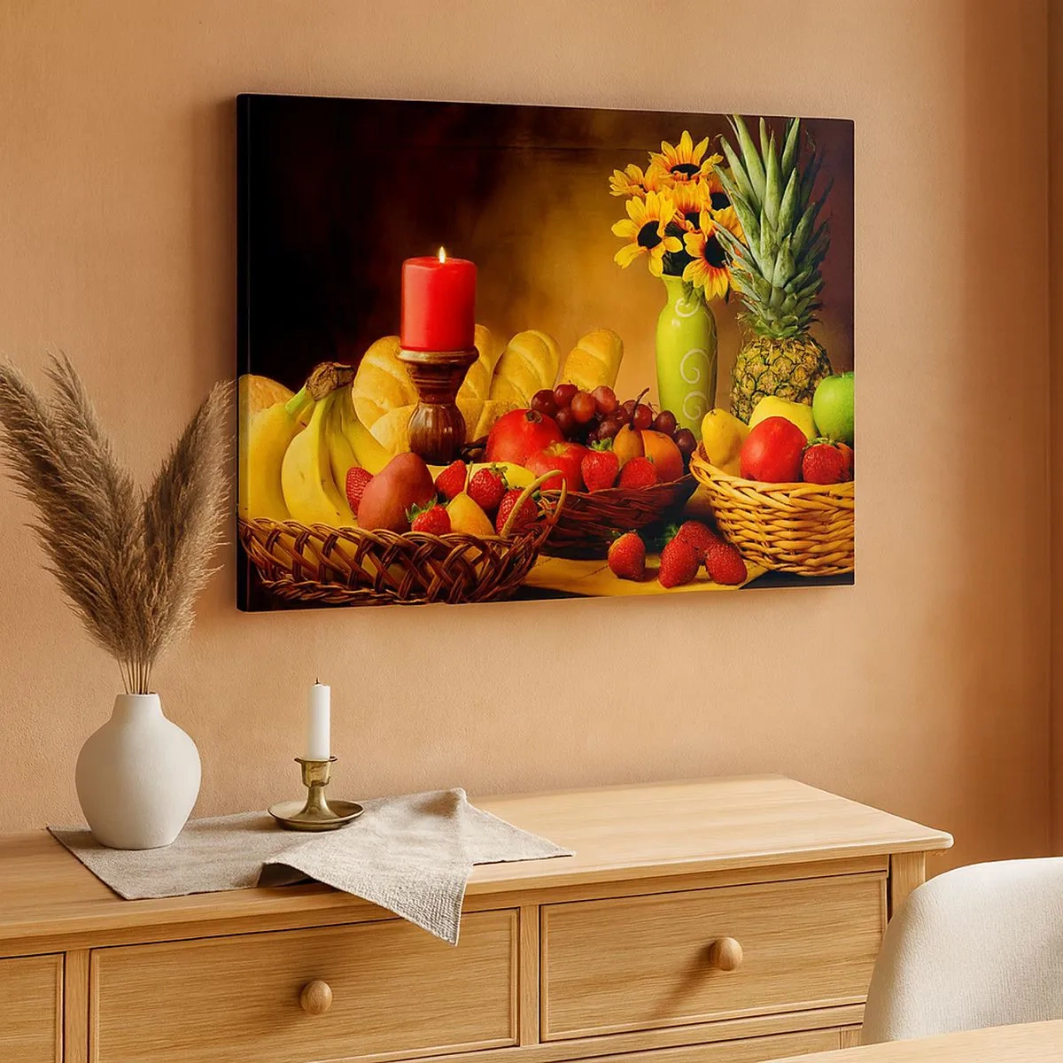 Bild auf Leinwand - Leinwandbild - Stillleben mit Früchten, Brot, Kerze und Blumen - 70x50cm - Stillleben mit Brot und Obst - Moderne Wanddekoration für Wohnzimmer und Schlafzimmer ARTTOR