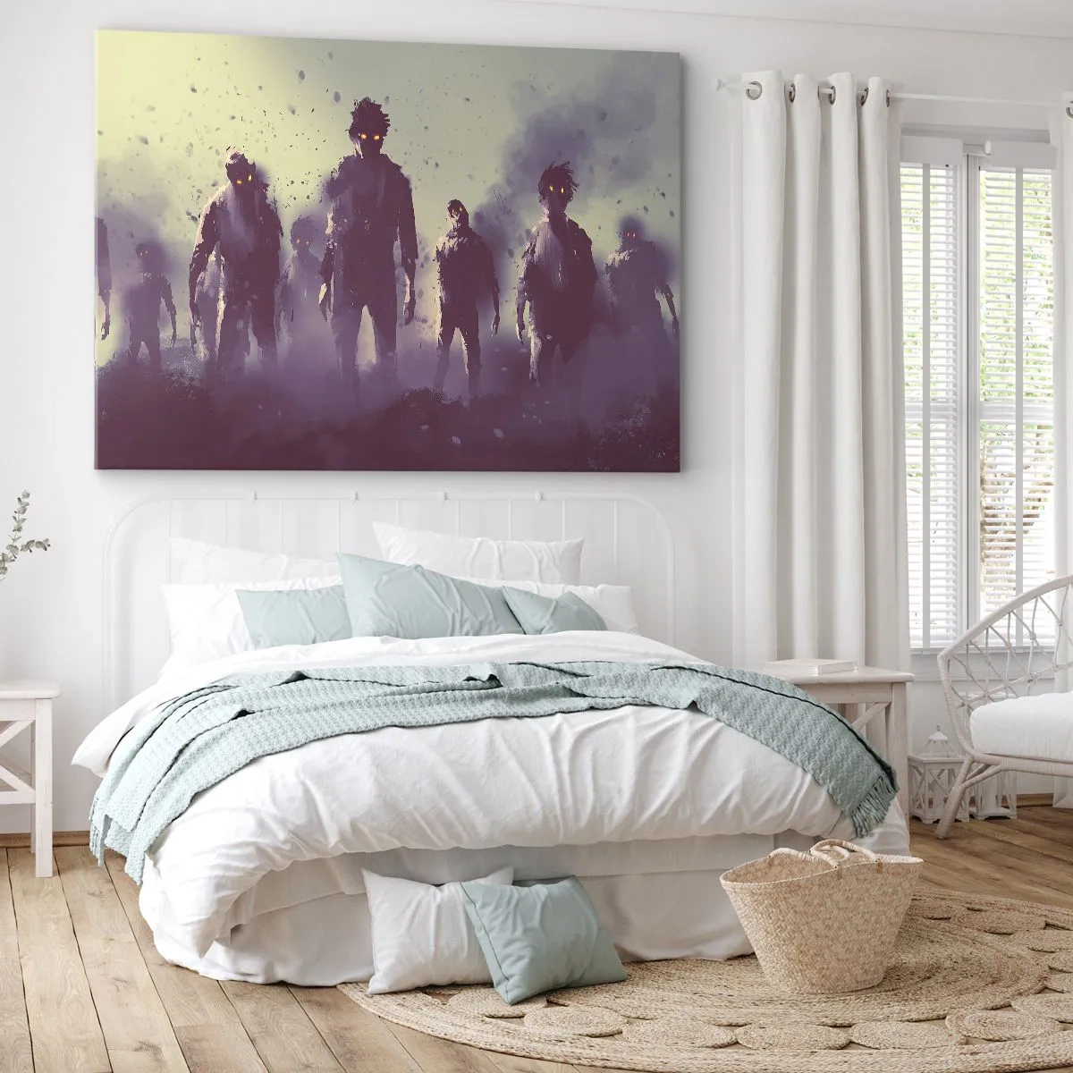 Bild auf Leinwand - Leinwandbild - Dunkle Szene mit Silhouetten mit gelben Augen - 100x70cm - Vorsichtig sein! Sie kommen - Moderne Wanddekoration für Wohnzimmer und Schlafzimmer ARTTOR