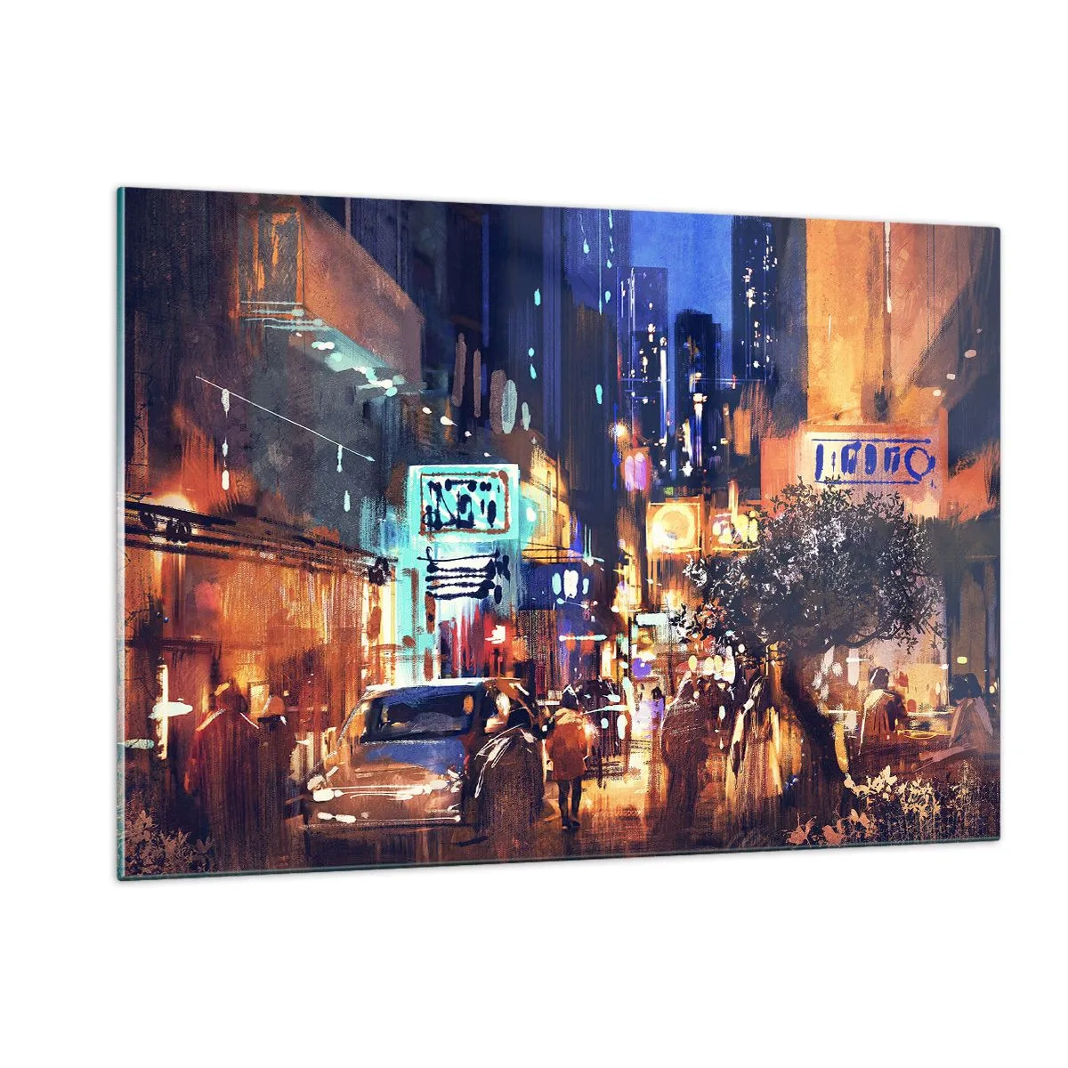 Glasbild - Bild auf glas - Malerische Nachtszene in der Stadt mit Neonlichtern und Straßenverkehr - 120x80cm - Und die Stadt ist wach - Moderne Wanddekoration für Wohnzimmer und Schlafzimmer ARTTOR
