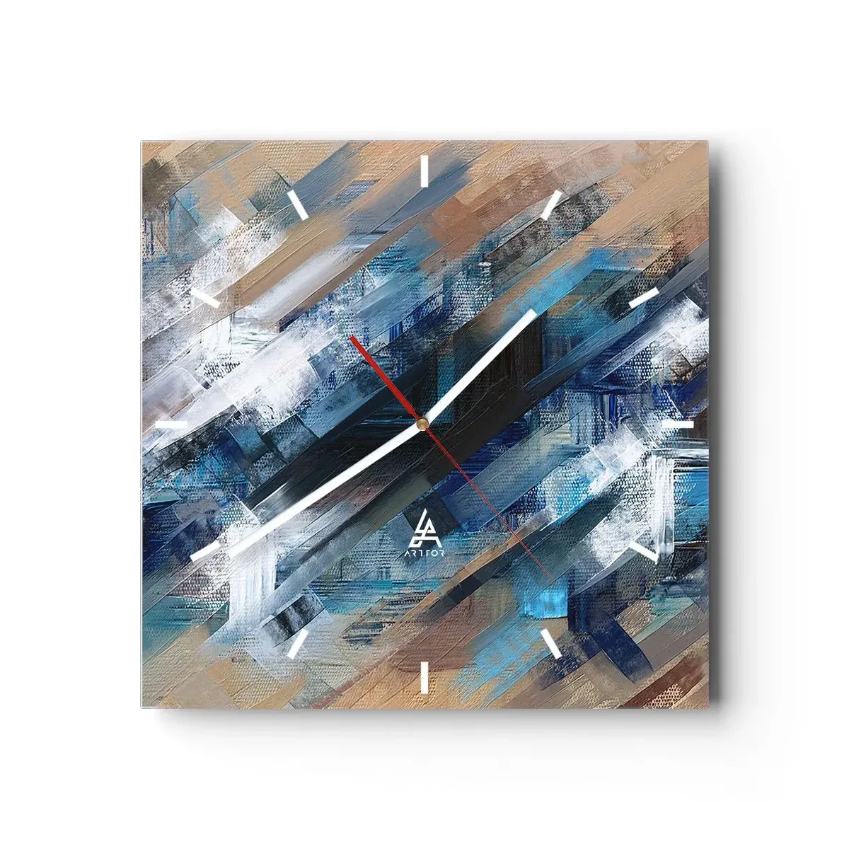 Wanduhr - Glasuhr - Abstrakte Komposition mit blauen diagonalen Linien - 30x30cm - Auf einer blauen Diagonale - Moderne Wanddekoration für Wohnzimmer und Schlafzimmer ARTTOR