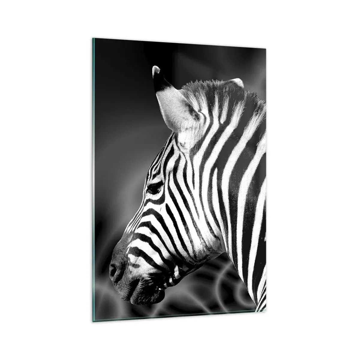 Glasbild - Bild auf glas - Schwarz-Weiß-Porträt eines Zebras vor einem Hintergrund abstrakter Muster. - 80x120cm - Weiß ist weiß und schwarz ist schwarz - Moderne Wanddekoration für Wohnzimmer und Schlafzimmer ARTTOR