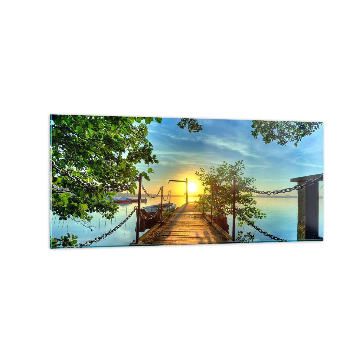 Glasbild - Bild auf glas - Ein Pier über dem See in den Strahlen des Sonnenuntergangs - 120x50cm - Westen auf dem Wasser - Moderne Wanddekoration für Wohnzimmer und Schlafzimmer ARTTOR